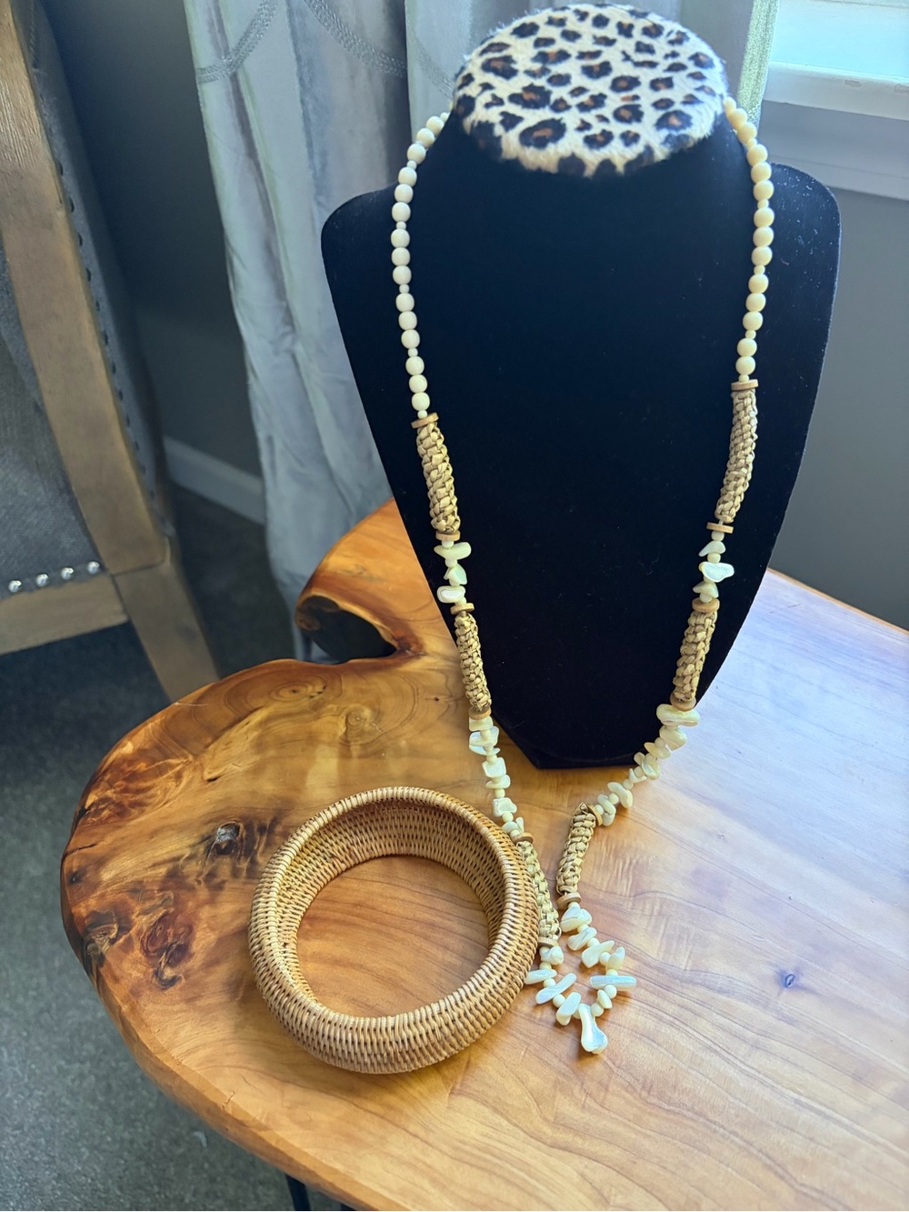 Handcrafted Cream Beaded Necklace with Natural Rattan Bracelet